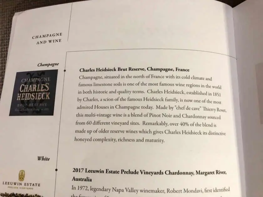 Singapore Airlines A350 Business Class Speisekarte Champagner