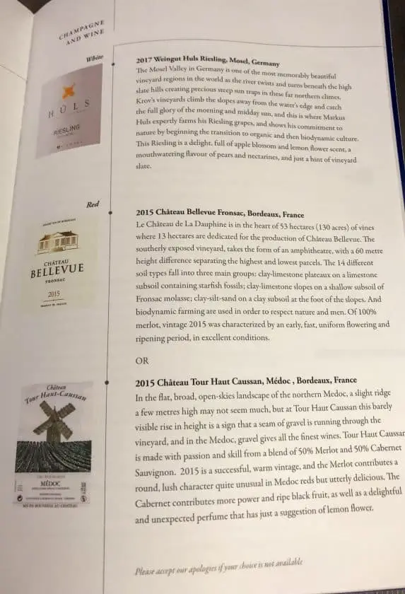 Singapore Airlines A350 Business Class Speisekarte Weine