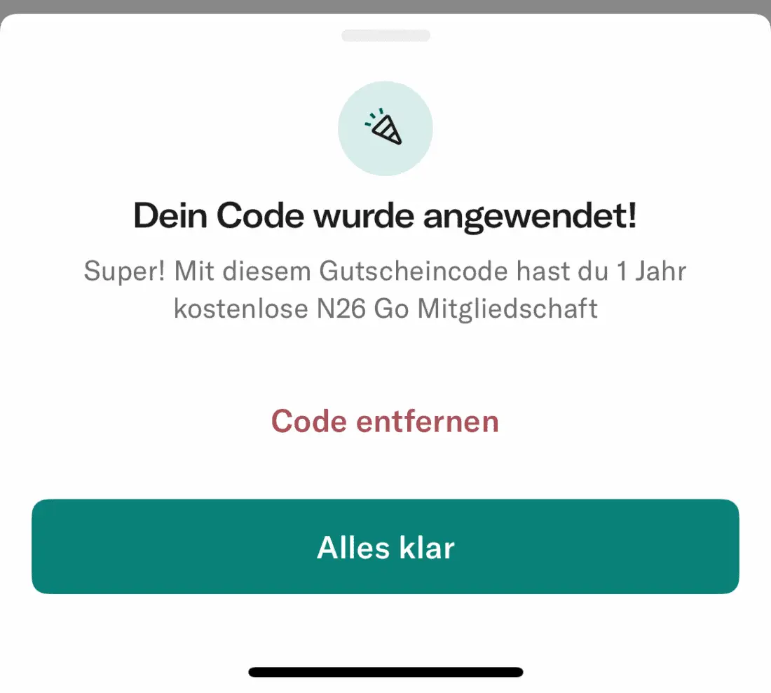 Gutscheincode wurde in der N26 App akzeptiert "Code wurde angewendet" 