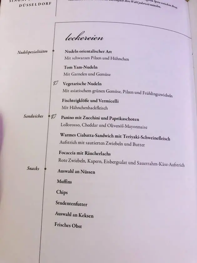 Singapore Airlines A350 Business Class Speisekarte Rueckflug Snacks