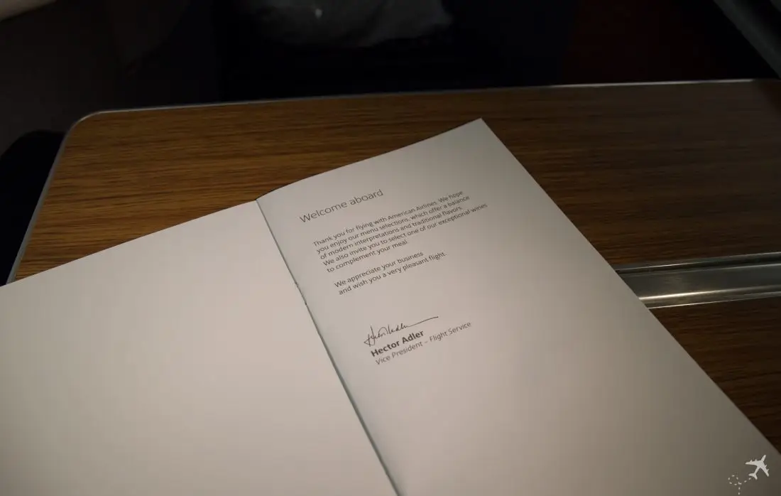 American Airlines Business Class Menü Einleitung