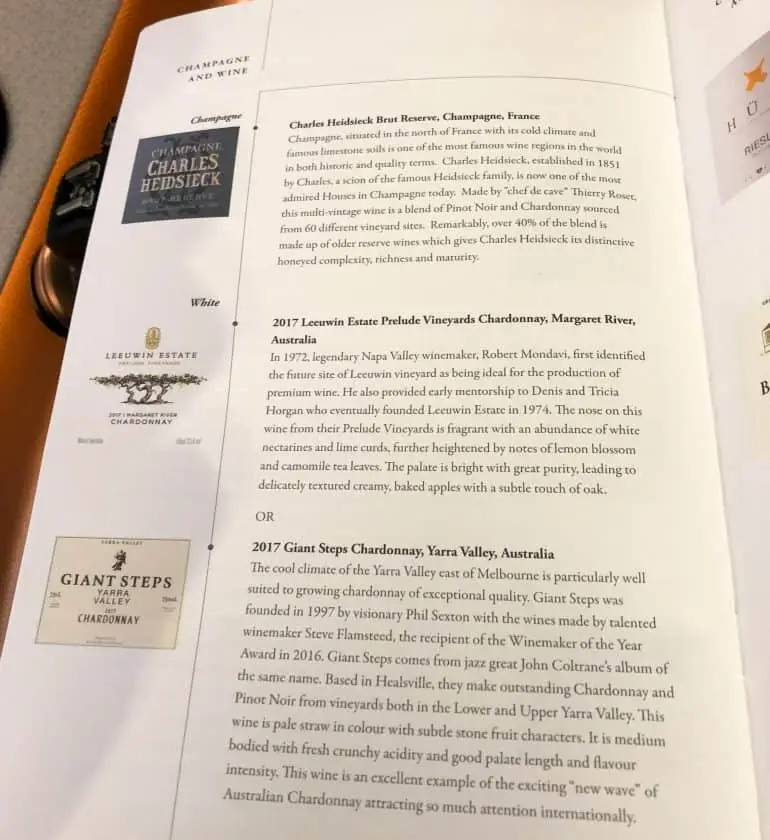 Singapore Airlines A350 Business Class Speisekarte Champagner 2