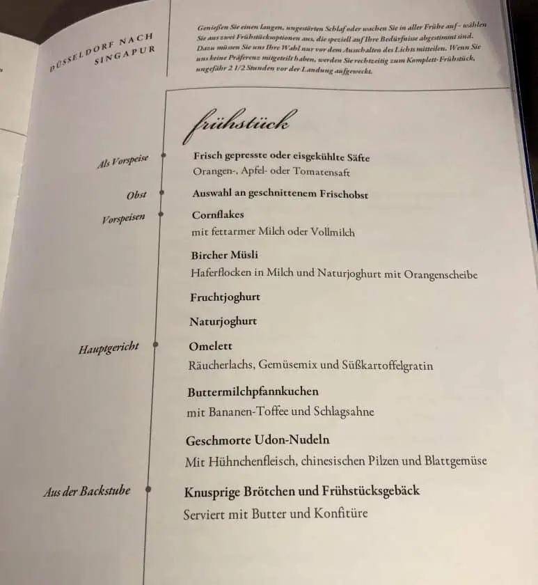 Singapore Airlines A350 Business Class Speisekarte Fruehstueck