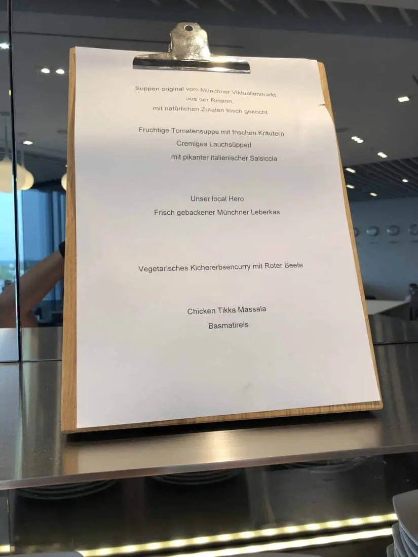 Speisekarte in der Lounge