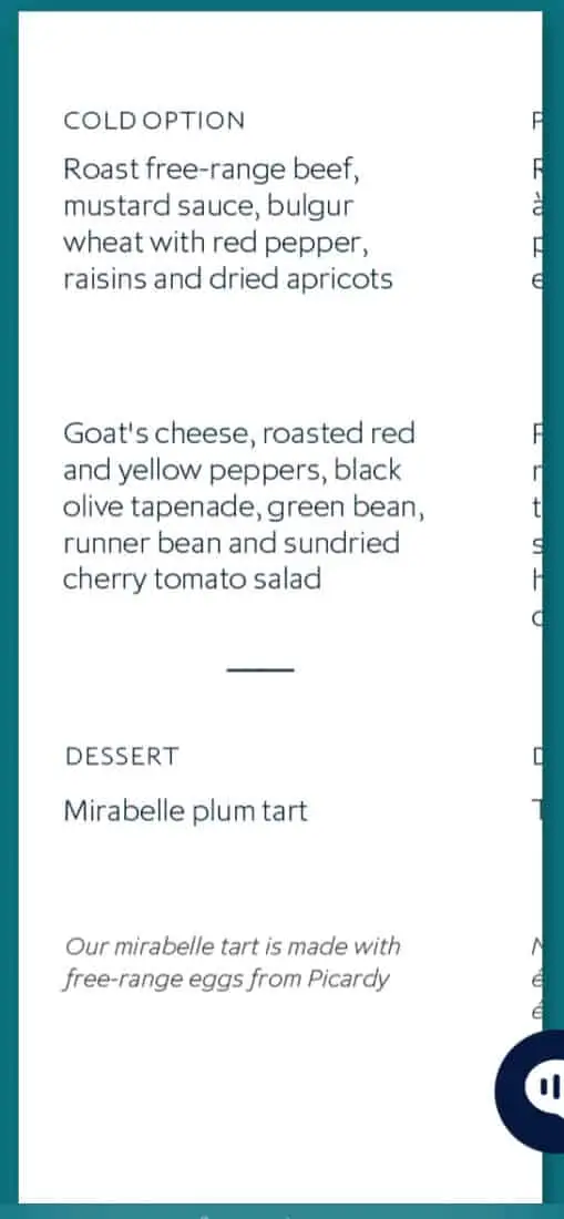 Eurostar Menu