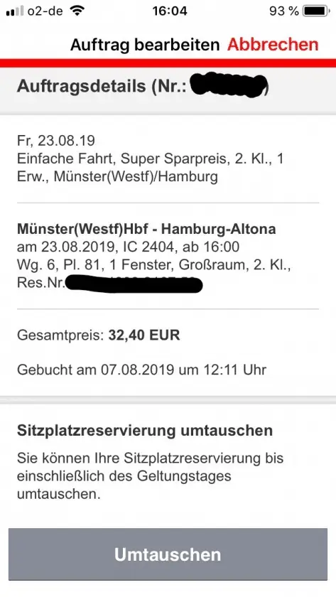 Bahn Reservierung aendern App IV