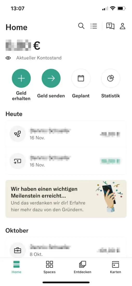 N26 Online Banking Home Screen